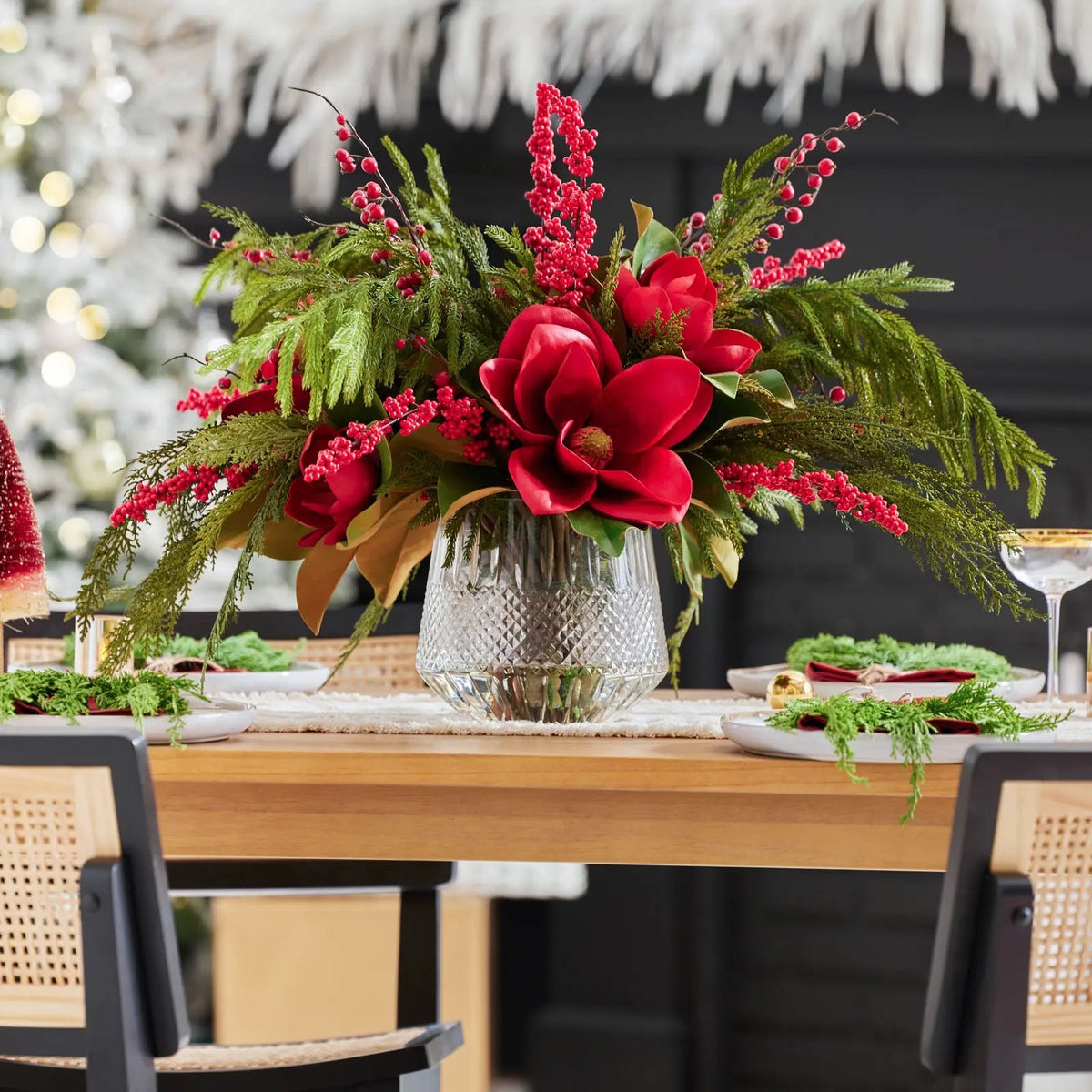 Yulemere Real Touch Red Magnolia Norfolk Holiday Centerpiece detail view 3