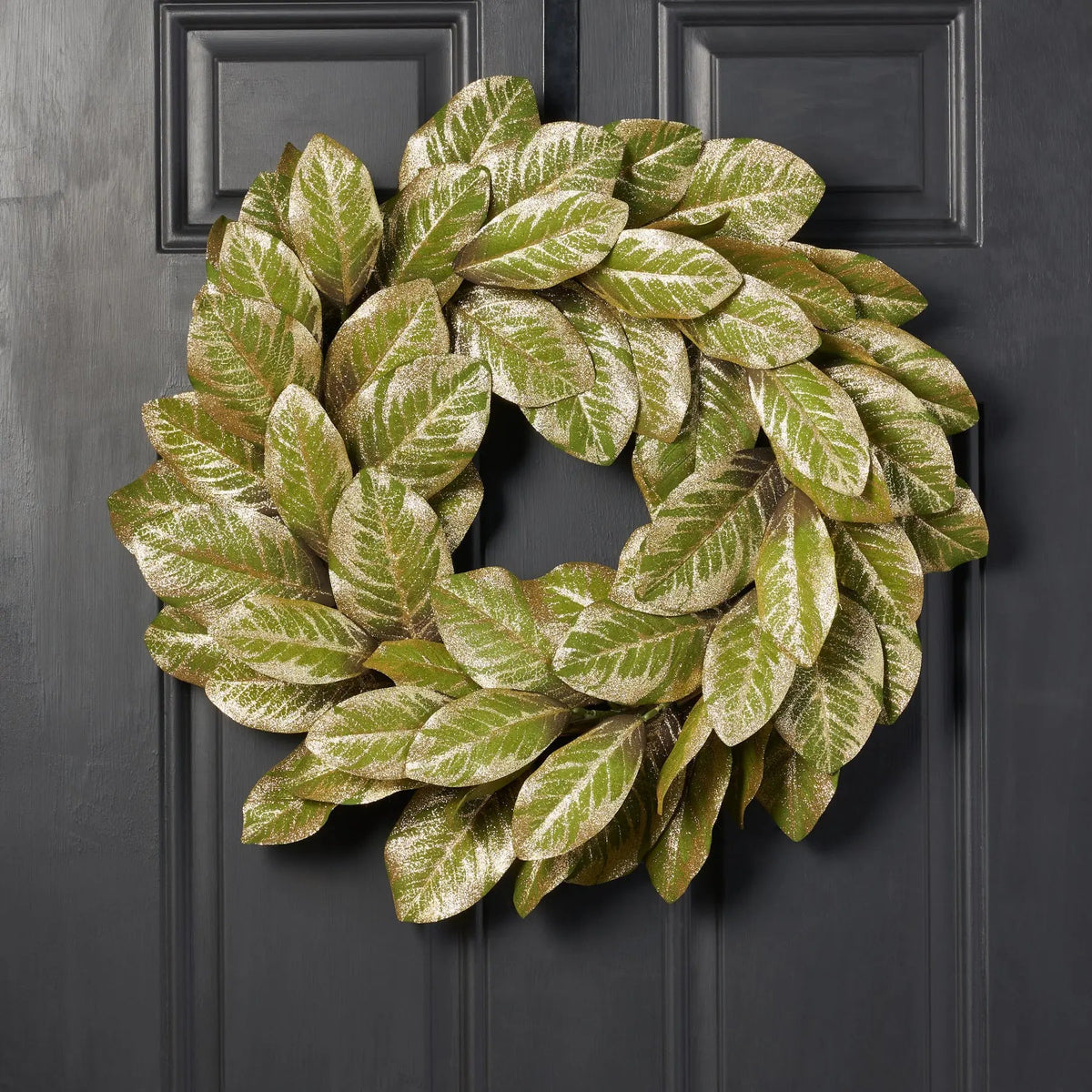 Yulemere Real Touch Green and Gold Metallic Magnolia Christmas Wreath detail view 3