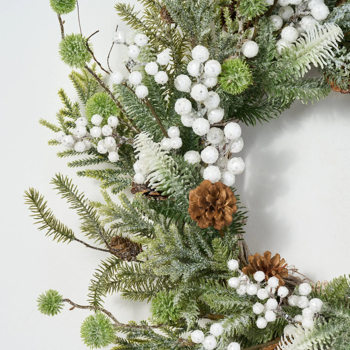 Yulemere White Sugar Berry Pinecone and Winter Greenery Christmas Wreath detail view 2