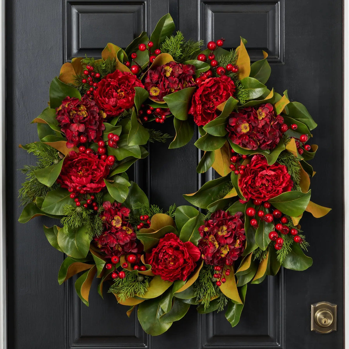 Yulemere Real Touch Magnolia Leaf and Red Hydrangea Christmas Wreath detail view 6