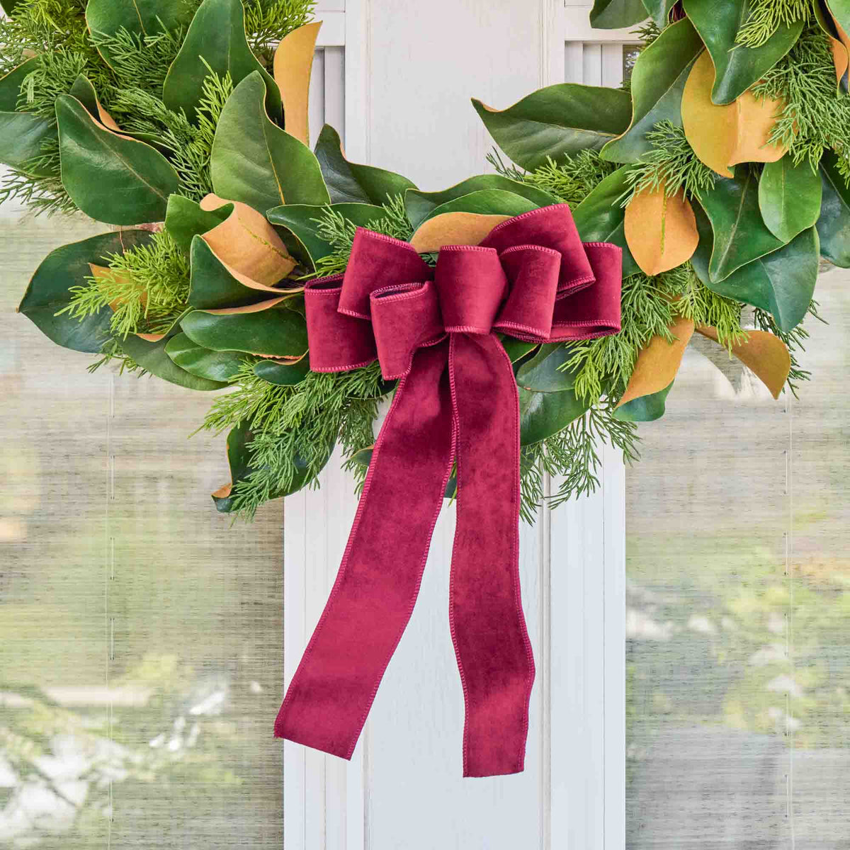Yulemere Burgundy Red Garnet Taffeta Wire Lined Hand Tied Holiday Bow detail view 2