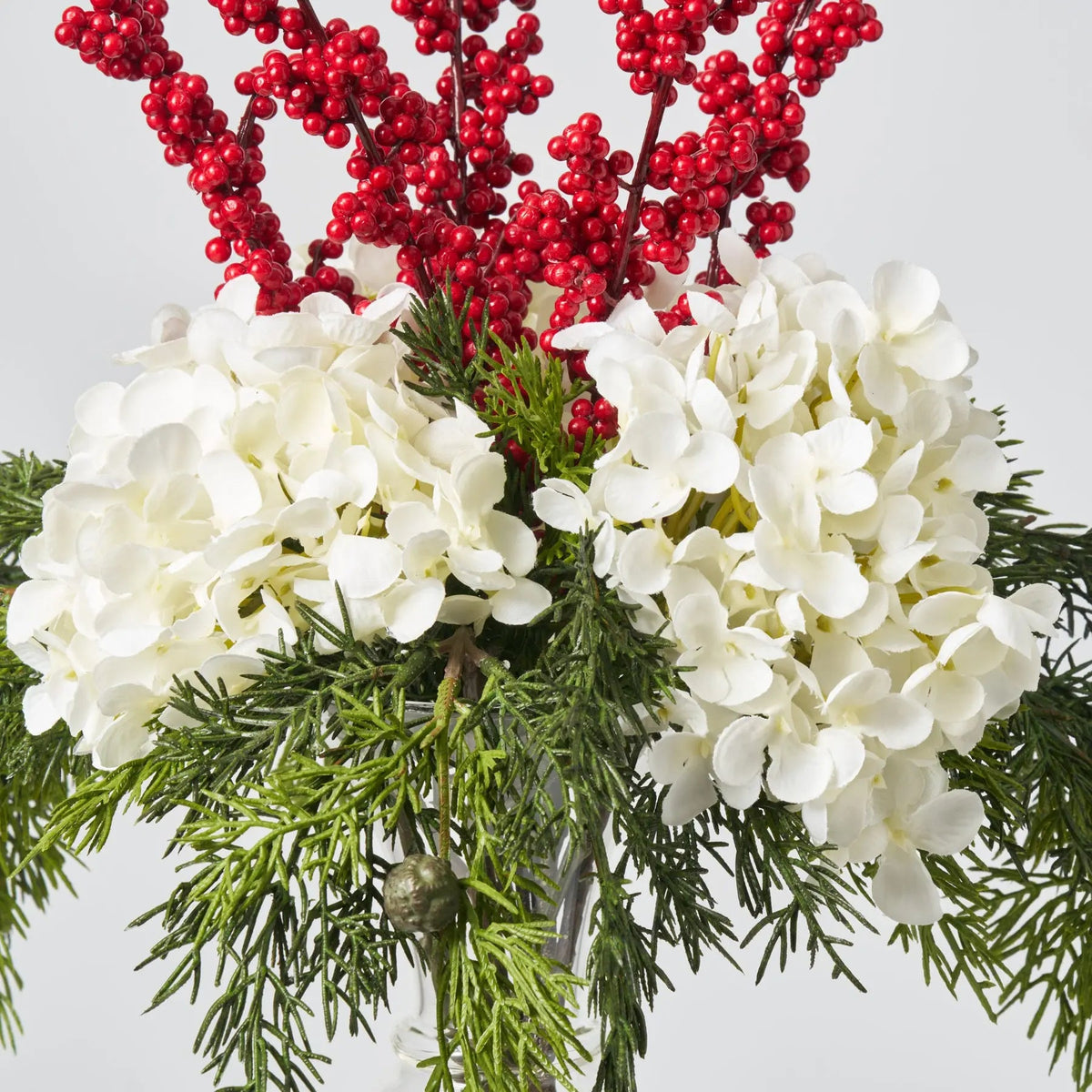 Yulemere White Hydrangea Red Ilex Berry Holiday Centerpiece detail view 3