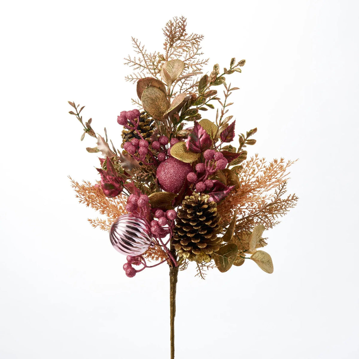 Yulemere Gold and Pink Glitter Leaf Berry and Pinecone Spray 30 Inch overall view