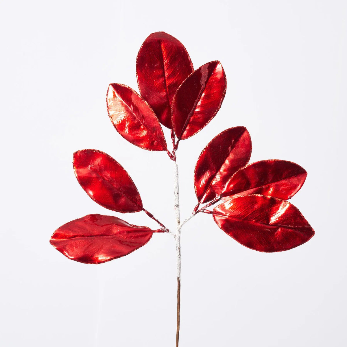 Yulemere Metallic Red Glittered Faux Magnolia Leaves on Stem detail view 3