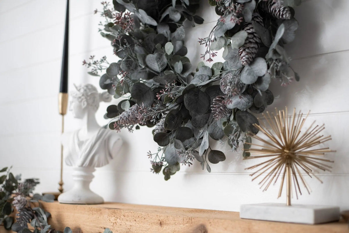 Yulemere Faux Dusty Green Silver Christmas Wreath detail view 5