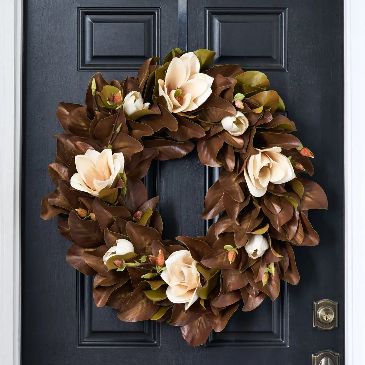 Yulemere Real Touch Golden Brown Magnolia Bloom Wreath detail view 6