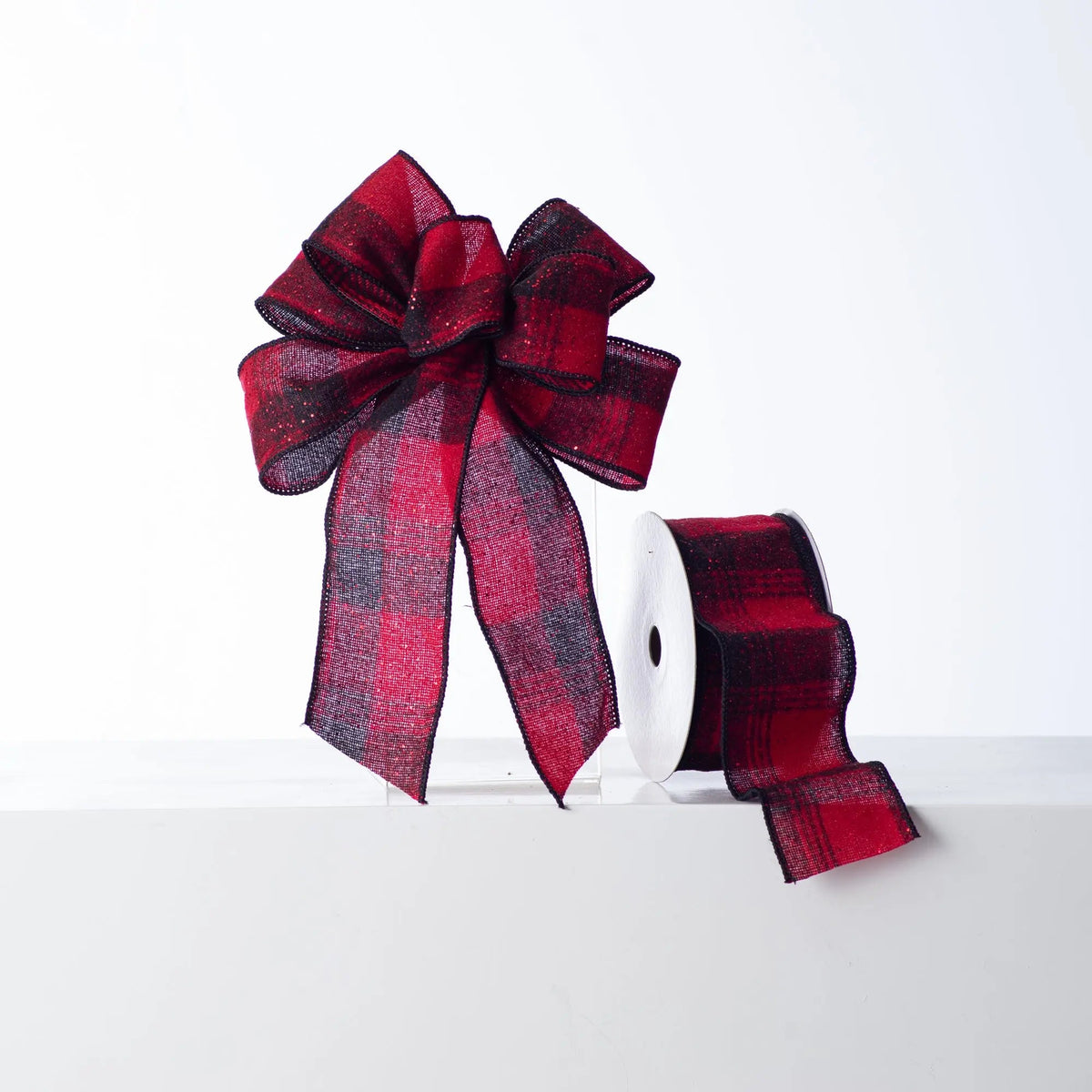 Yulemere Red and Black Glitter Plaid Flannel Hand Tied Loop Bow overall view