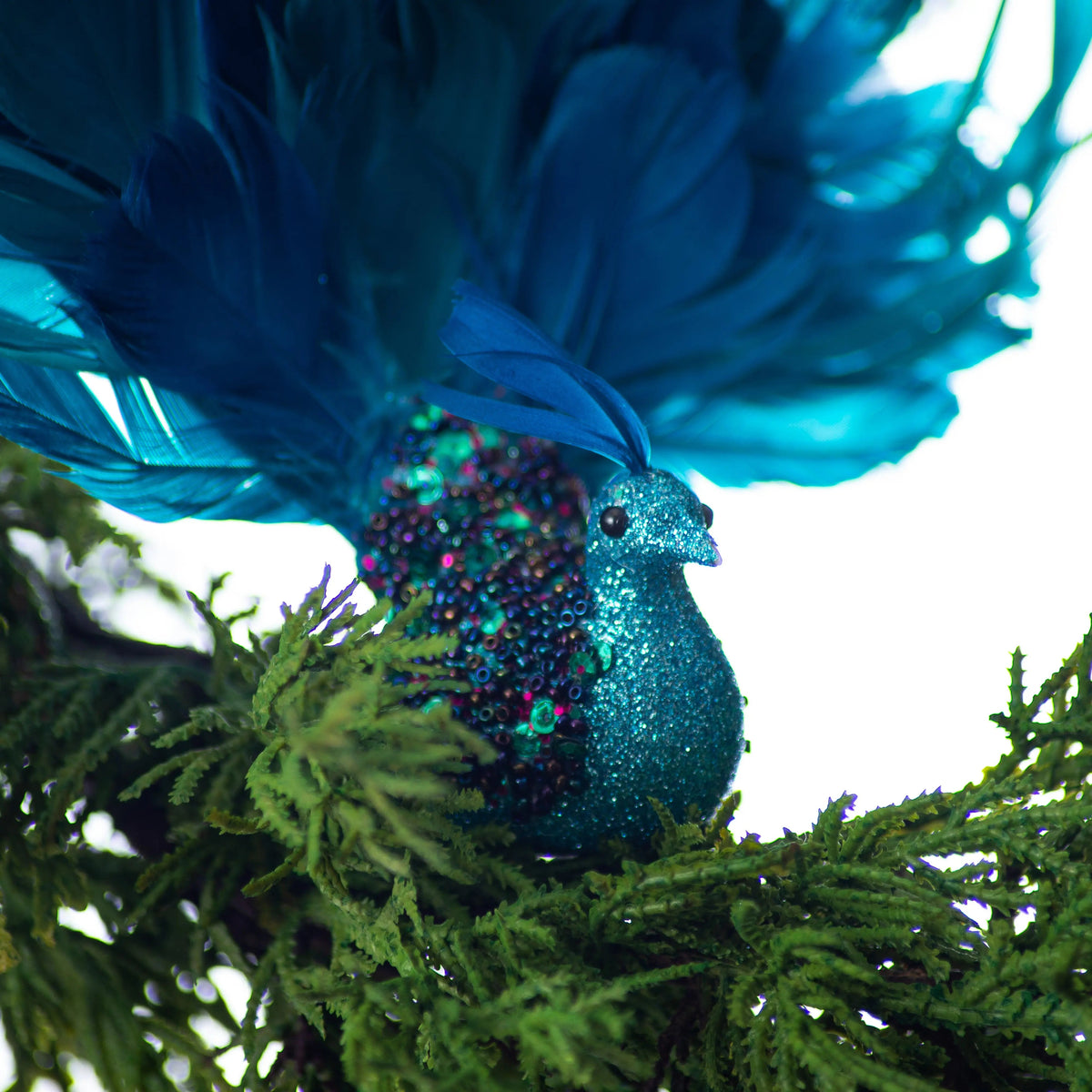 Yulemere Blue and Teal Feather Bead Sequin and Glitter Christmas Ornament detail view 2