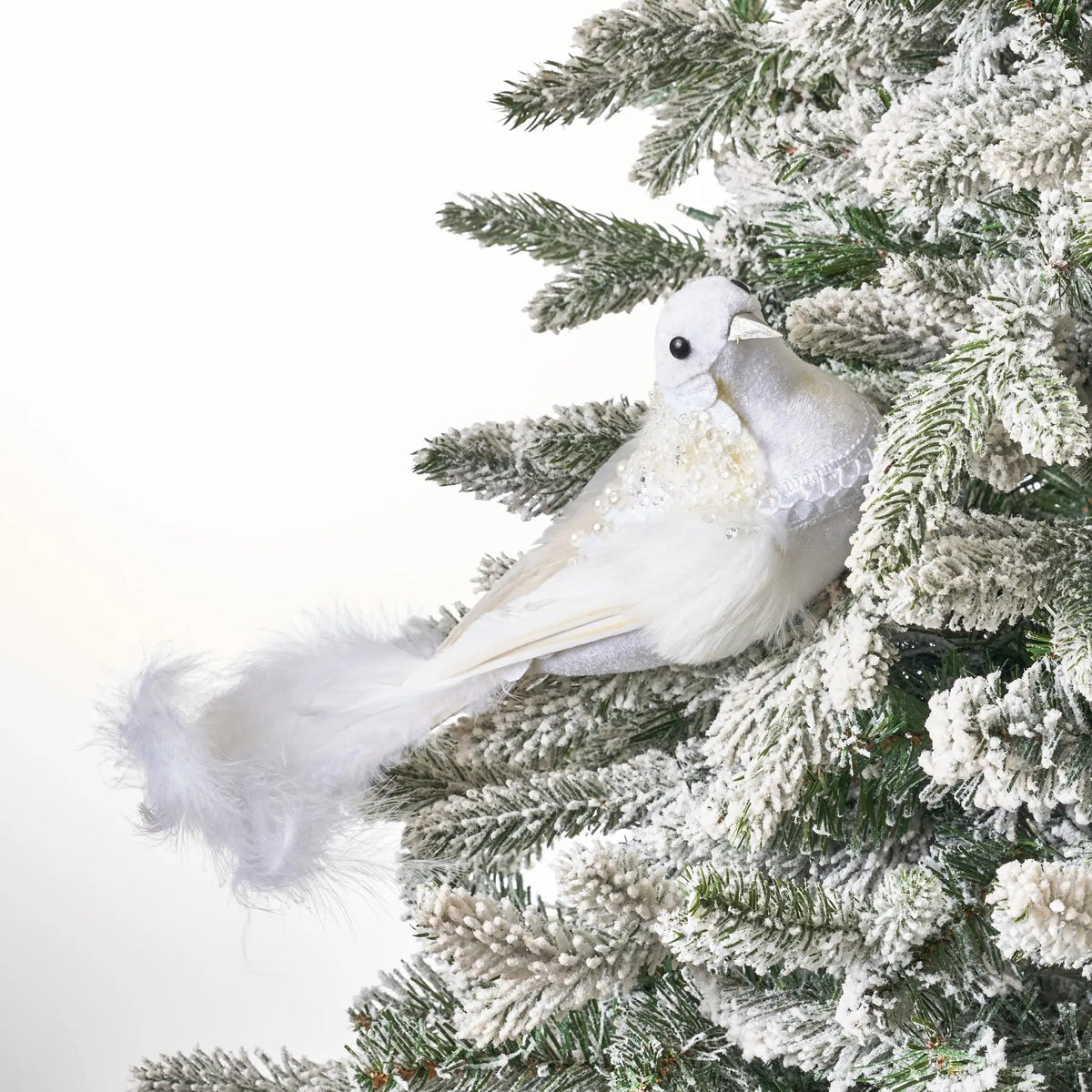 Yulemere Large White Velvet and Pearl Feather Bird Christmas Ornament overall view