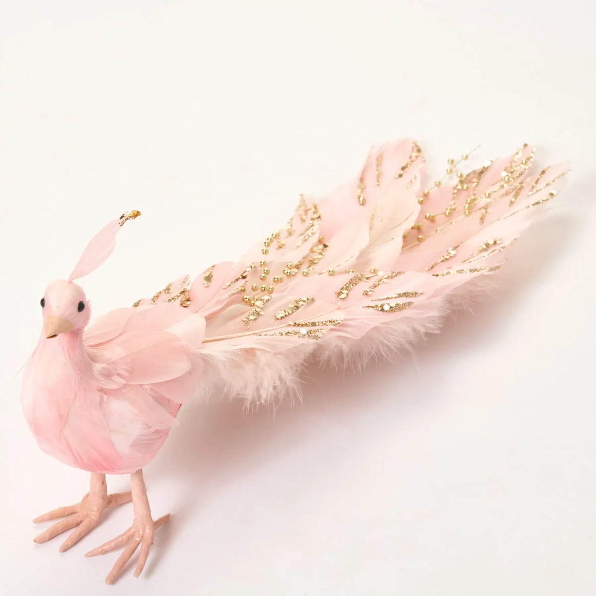 Yulemere Silver and Gold Sequinned Rose Pink Peacock Christmas Ornament overall view