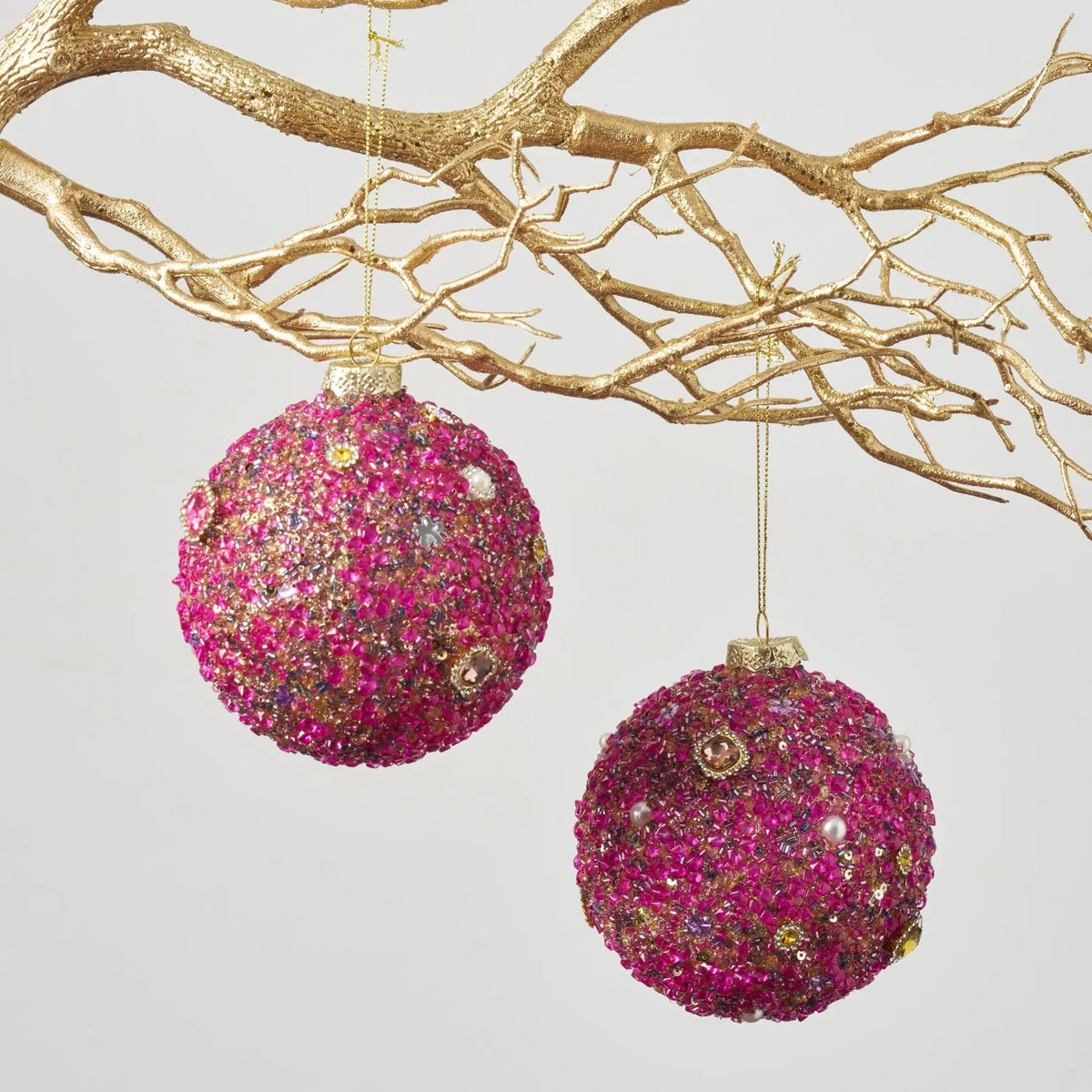Yulemere Rose Pink and Gold Beaded Pearl and Gem Christmas Ornament detail view 2