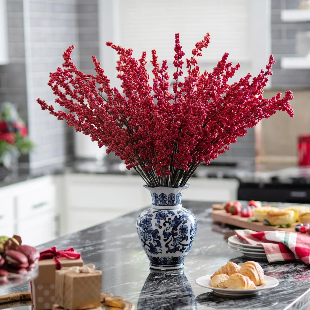 Yulemere Red Ilex Berry in Blue and White Chinoiserie Holiday Centerpiece overall view