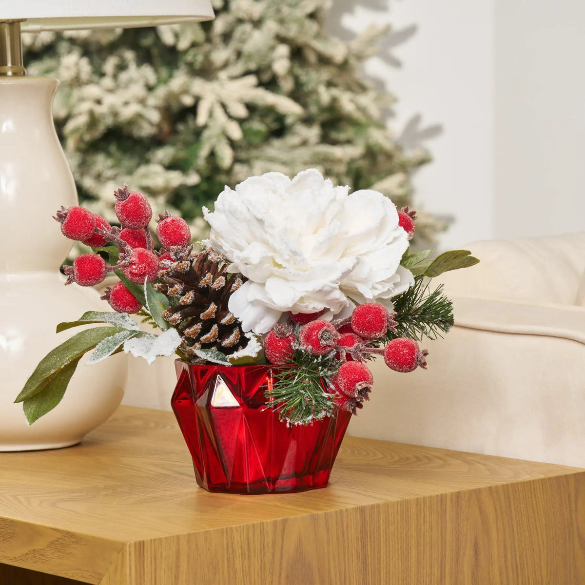 Yulemere Snow Covered Glitter White Peony Pinecone Holiday Centerpiece overall view