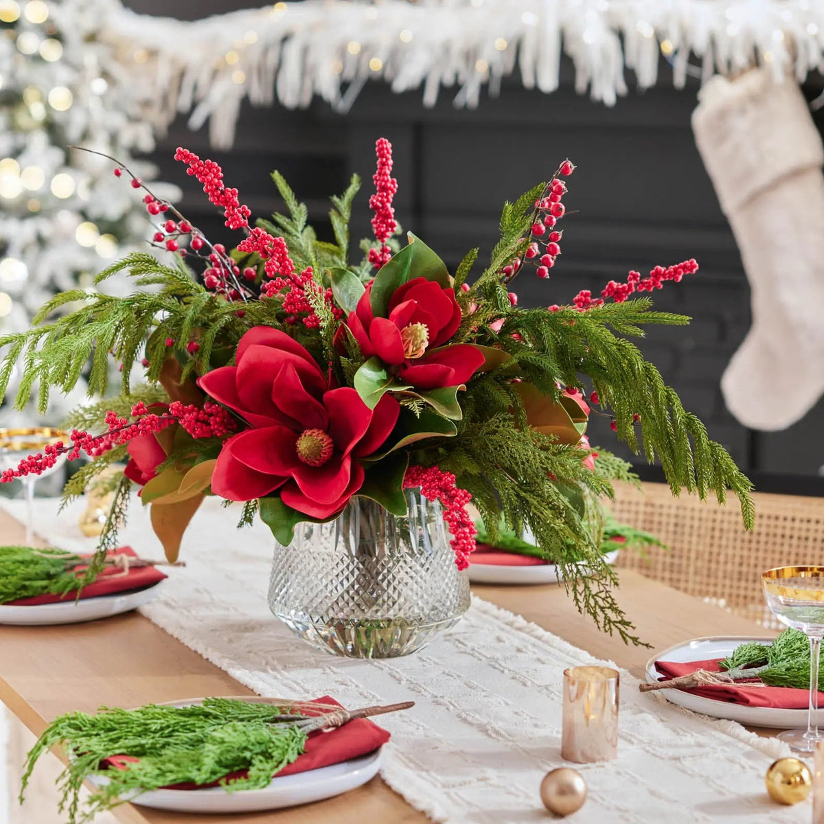 Yulemere Real Touch Red Magnolia Norfolk Holiday Centerpiece detail view 2
