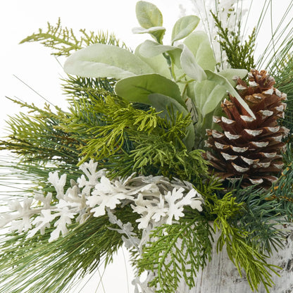 Yulemere Mixed Winter Greenery and Pinecone Rustic Holiday Centerpiece overall view