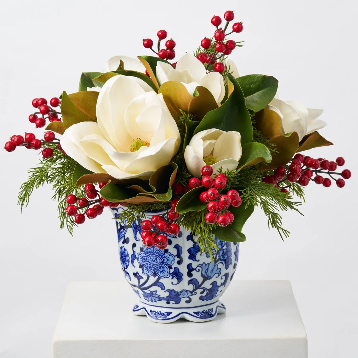 Yulemere Real Touch White Magnolia Blooms Cedar Holiday Centerpiece overall view