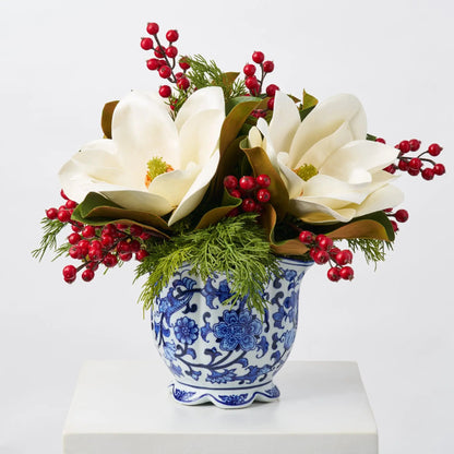 Yulemere Real Touch White Magnolia Blooms Cedar Holiday Centerpiece detail view 4