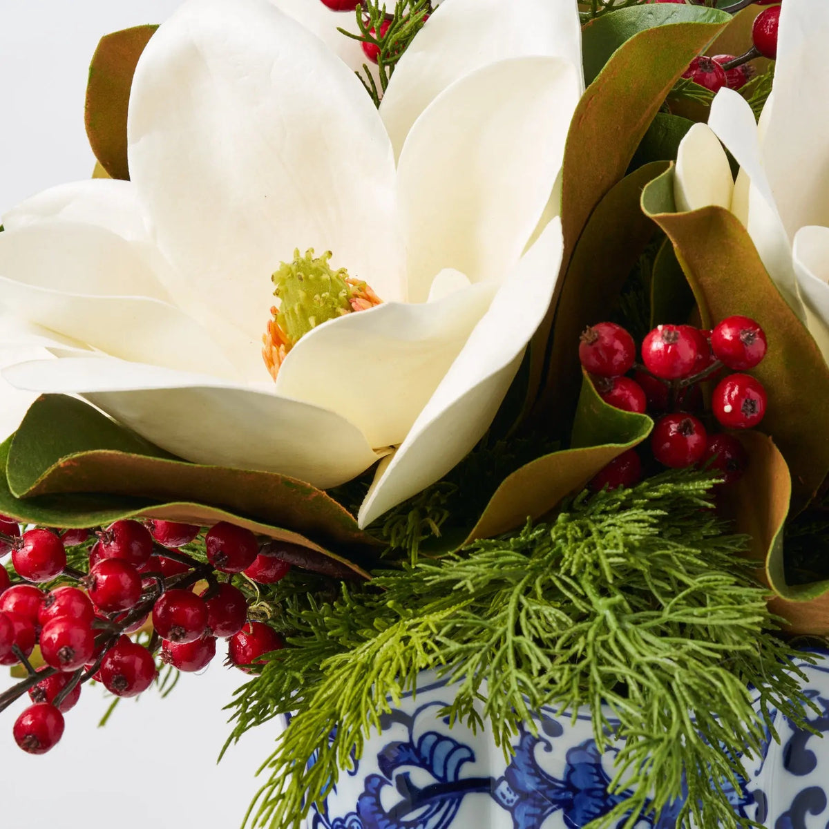 Yulemere Real Touch White Magnolia Blooms Cedar Holiday Centerpiece detail view 3