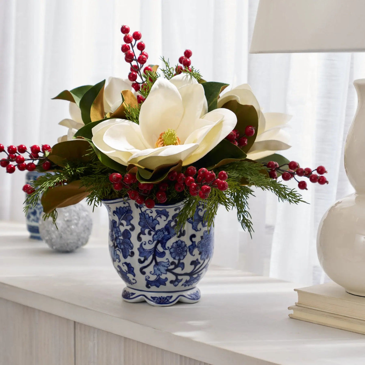 Yulemere Real Touch White Magnolia Blooms Cedar Holiday Centerpiece detail view 6