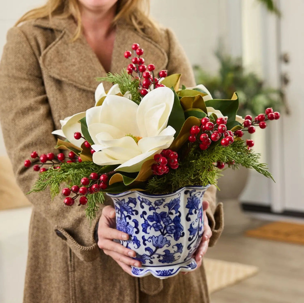 Yulemere Real Touch White Magnolia Blooms Cedar Holiday Centerpiece detail view 5