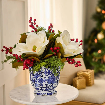 Yulemere Real Touch White Magnolia Blooms Cedar Holiday Centerpiece detail view 2