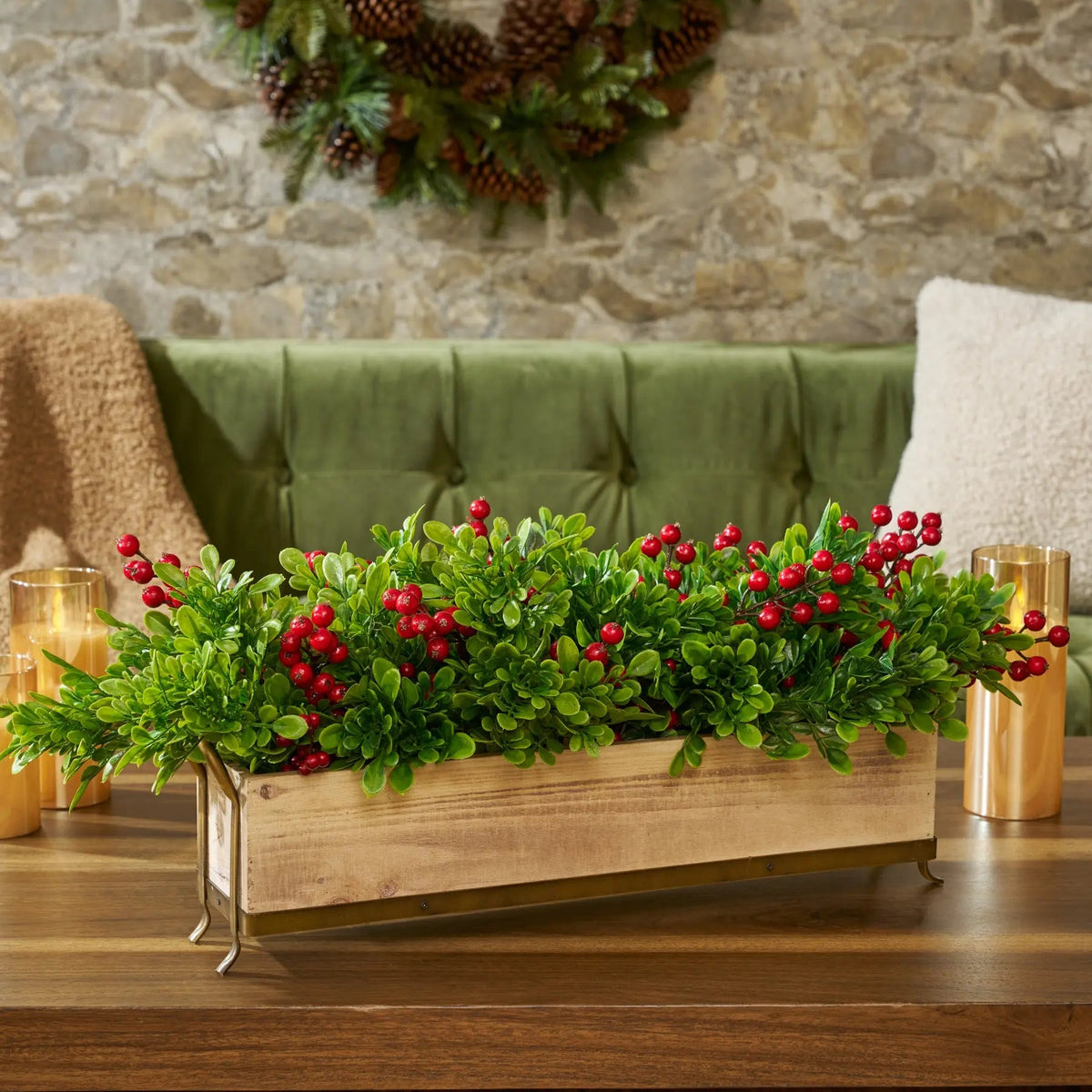 Yulemere Lifelike Boxwood with Red Winter Berry Holiday Centerpiece overall view