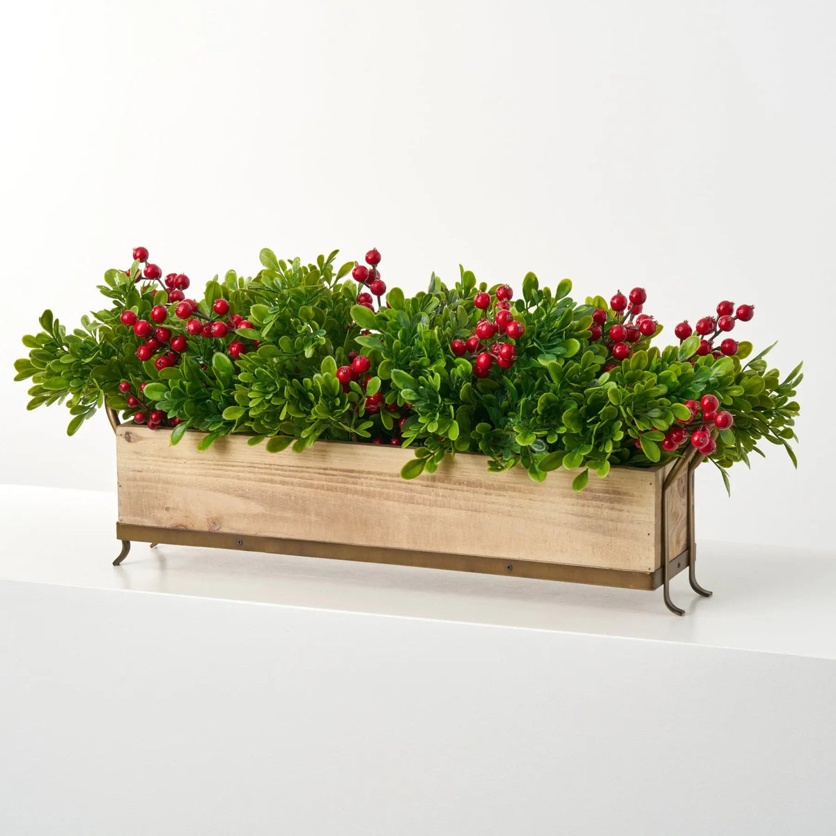 Yulemere Lifelike Boxwood with Red Winter Berry Holiday Centerpiece detail view 3