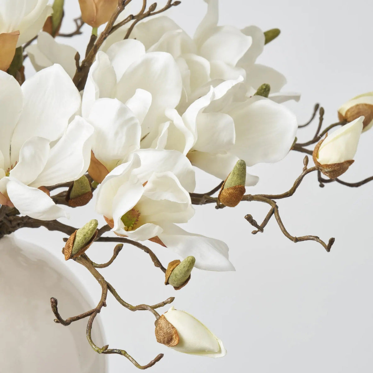 Yulemere Classic White Magnolia Blooms and Branches Holiday Stem detail view 2