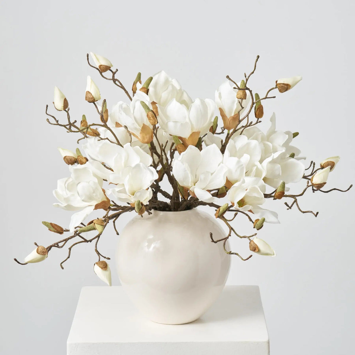 Yulemere Classic White Magnolia Blooms and Branches Holiday Stem overall view