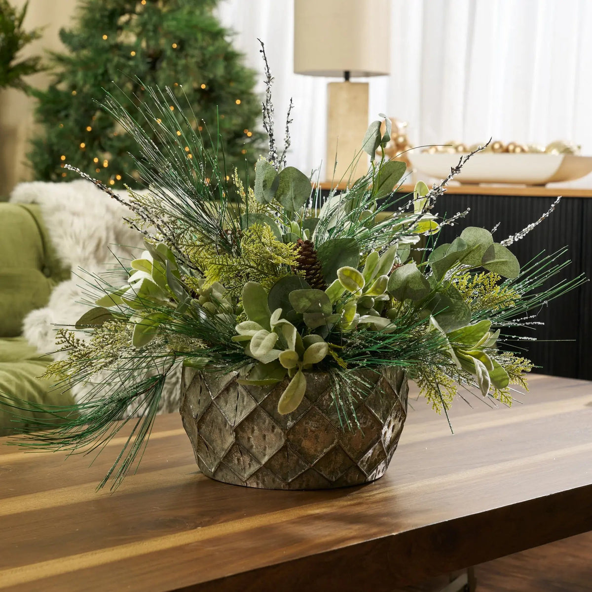 Yulemere Iced Long Needle Pine Glitter Cedar and Pinecone Holiday Stem overall view