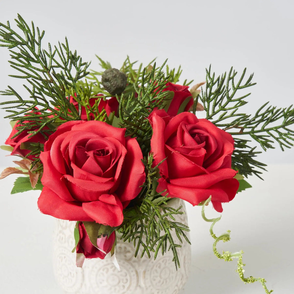 Yulemere Mini Red Christmas Rose and Juniper Greenery Holiday Centerpiece detail view 2