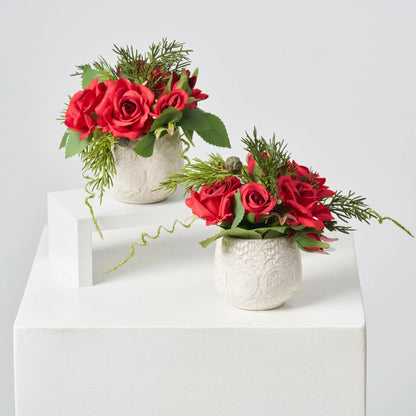 Yulemere Mini Red Christmas Rose and Juniper Greenery Holiday Centerpiece detail view 3