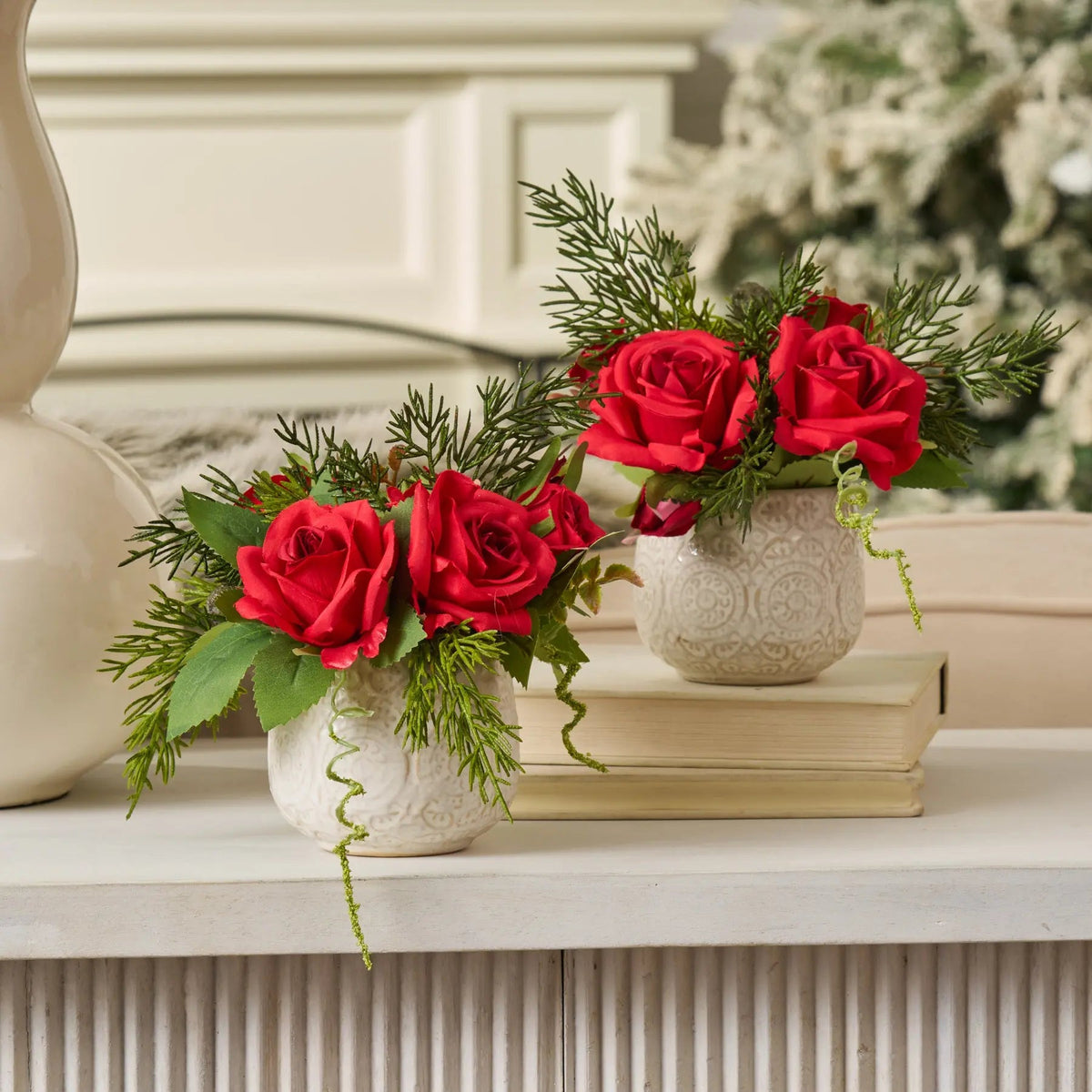 Yulemere Mini Red Christmas Rose and Juniper Greenery Holiday Centerpiece overall view