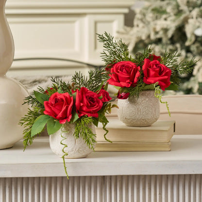 Yulemere Mini Red Christmas Rose and Juniper Greenery Holiday Centerpiece overall view