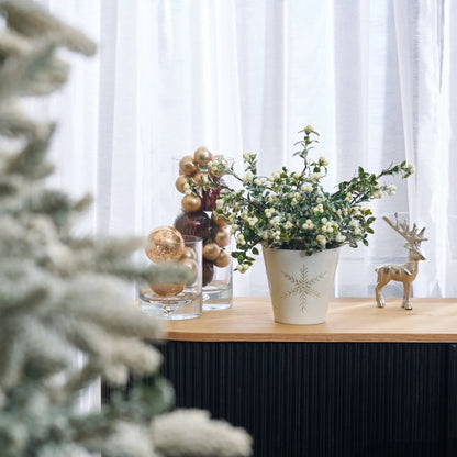 Yulemere Glitter Cream Snowberry and Boxwood Greenery Holiday Centerpiece overall view