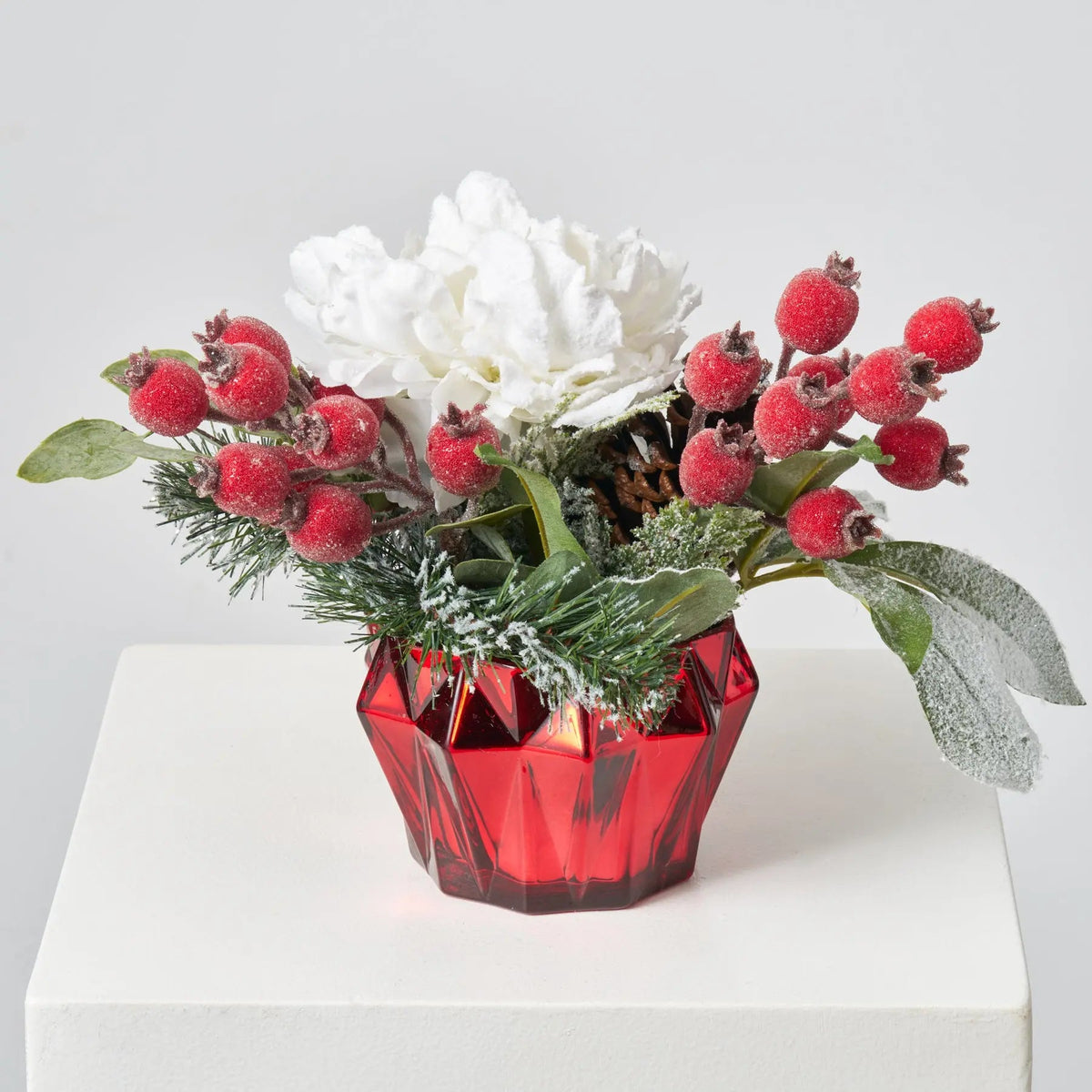 Yulemere Snow Covered Glitter White Peony Pinecone Holiday Centerpiece detail view 4