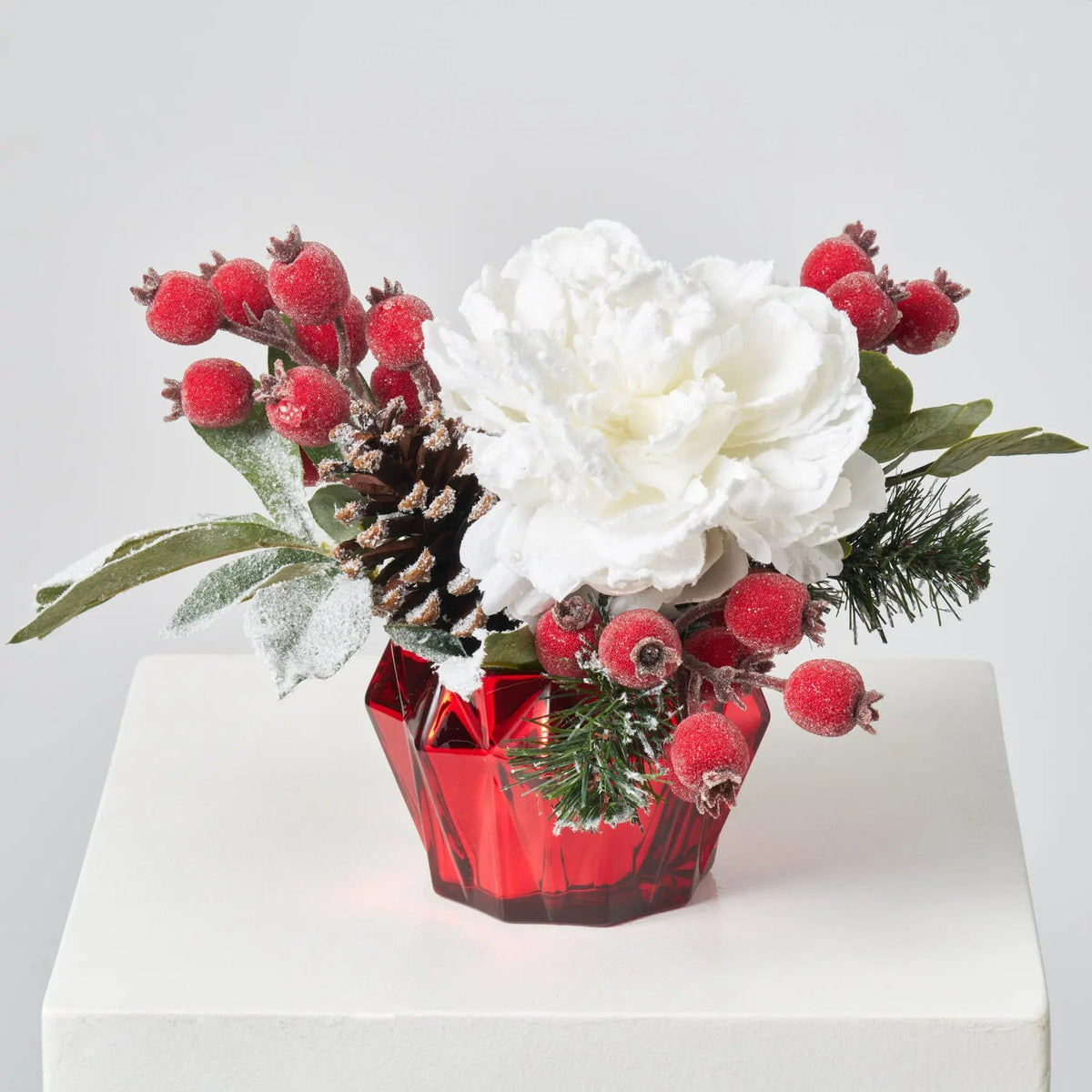 Yulemere Snow Covered Glitter White Peony Pinecone Holiday Centerpiece detail view 3
