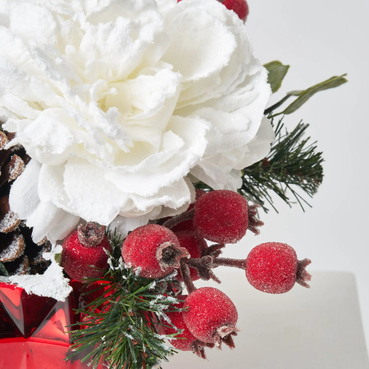 Yulemere Snow Covered Glitter White Peony Pinecone Holiday Centerpiece detail view 2