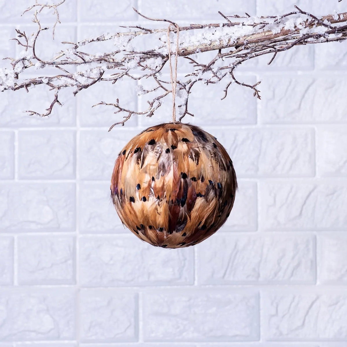 Yulemere Brown Feather Ball Christmas Ornament with Jute overall view
