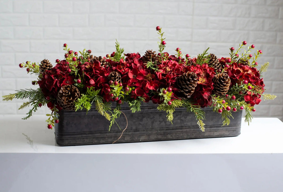 Yulemere Burgundy Red Hydrangea Wild Cranberry Holiday Centerpiece detail view 9