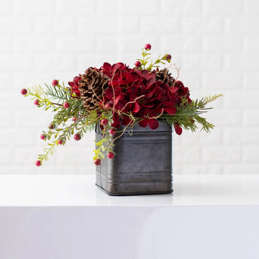 Yulemere Burgundy Red Hydrangea Wild Cranberry Holiday Centerpiece overall view