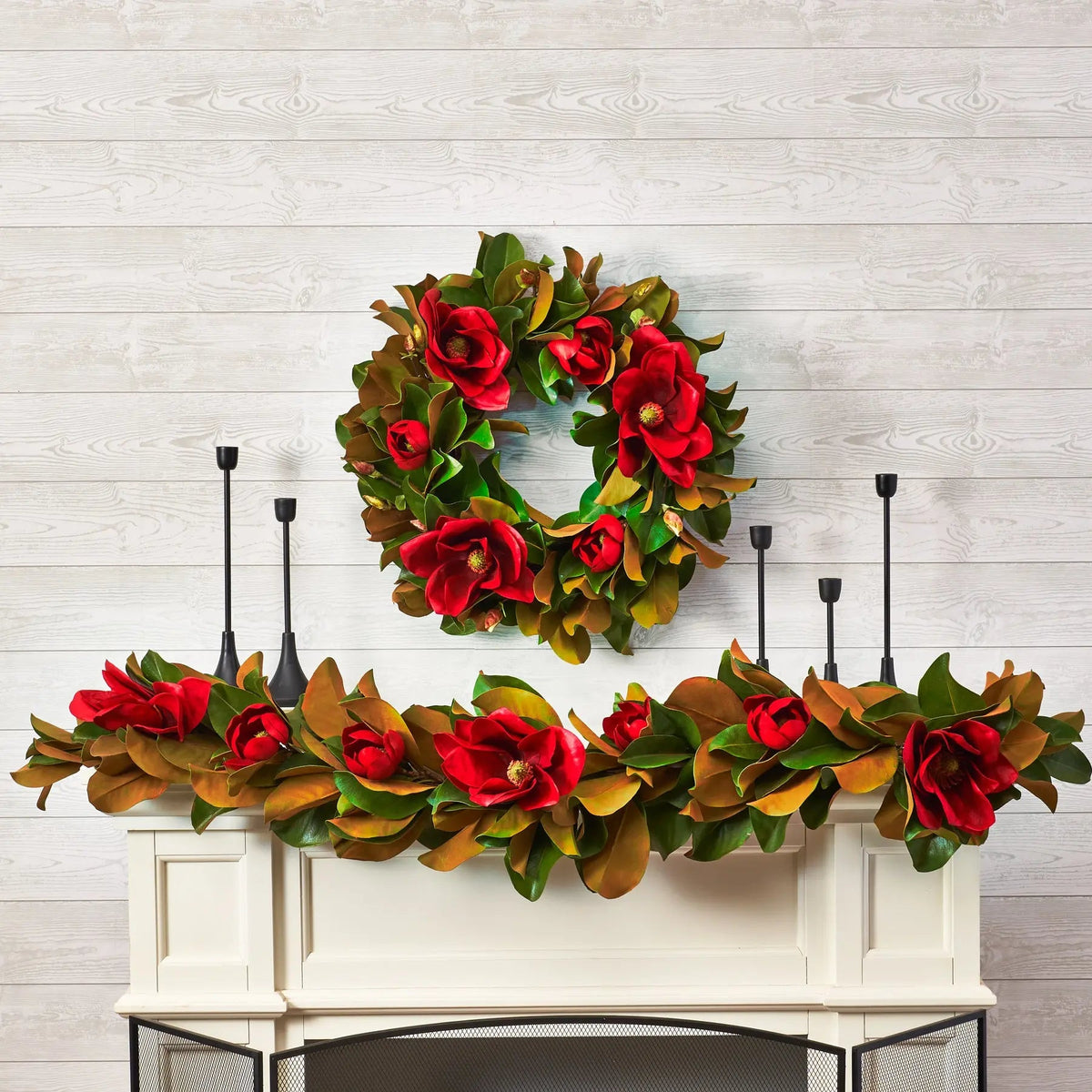 Yulemere Real Touch Christmas Red Magnolia Leaf Wreath overall view