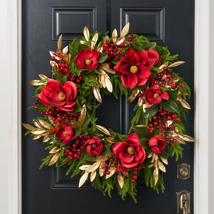 Yulemere Real Touch Red Magnolia Christmas Wreath detail view 2