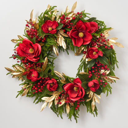 Yulemere Real Touch Red Magnolia Christmas Wreath detail view 3