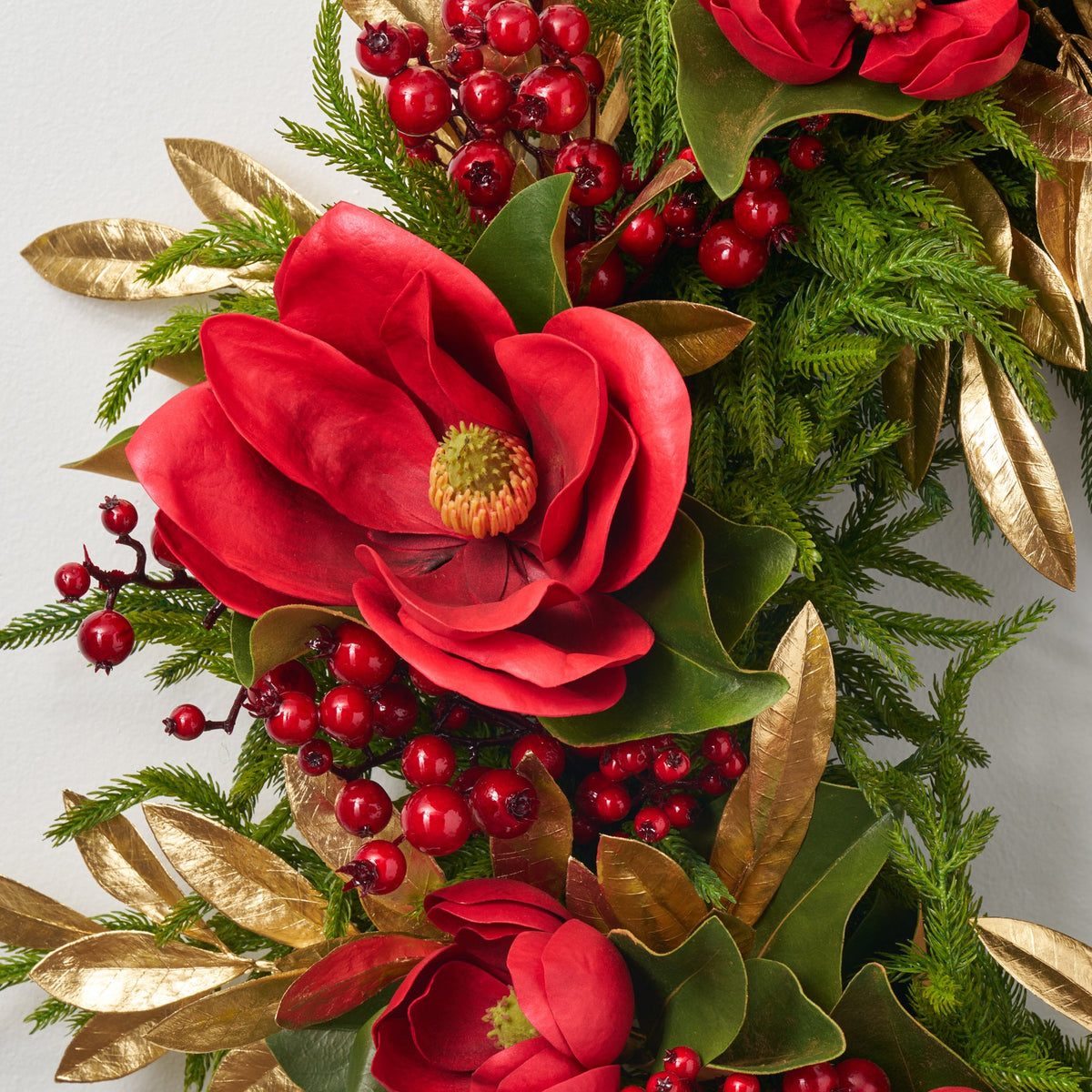 Yulemere Real Touch Red Magnolia Christmas Wreath overall view