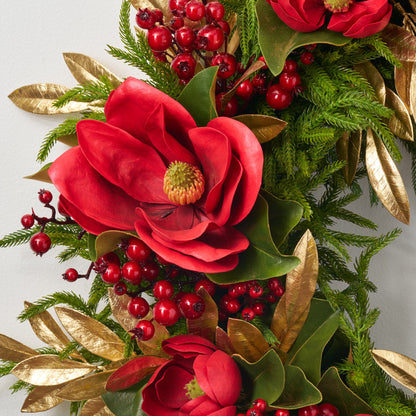 Yulemere Real Touch Red Magnolia Christmas Wreath overall view
