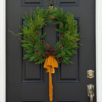 Yulemere Evergreen Forest Greens and Pine Cone Crest Christmas Wreath detail view 2