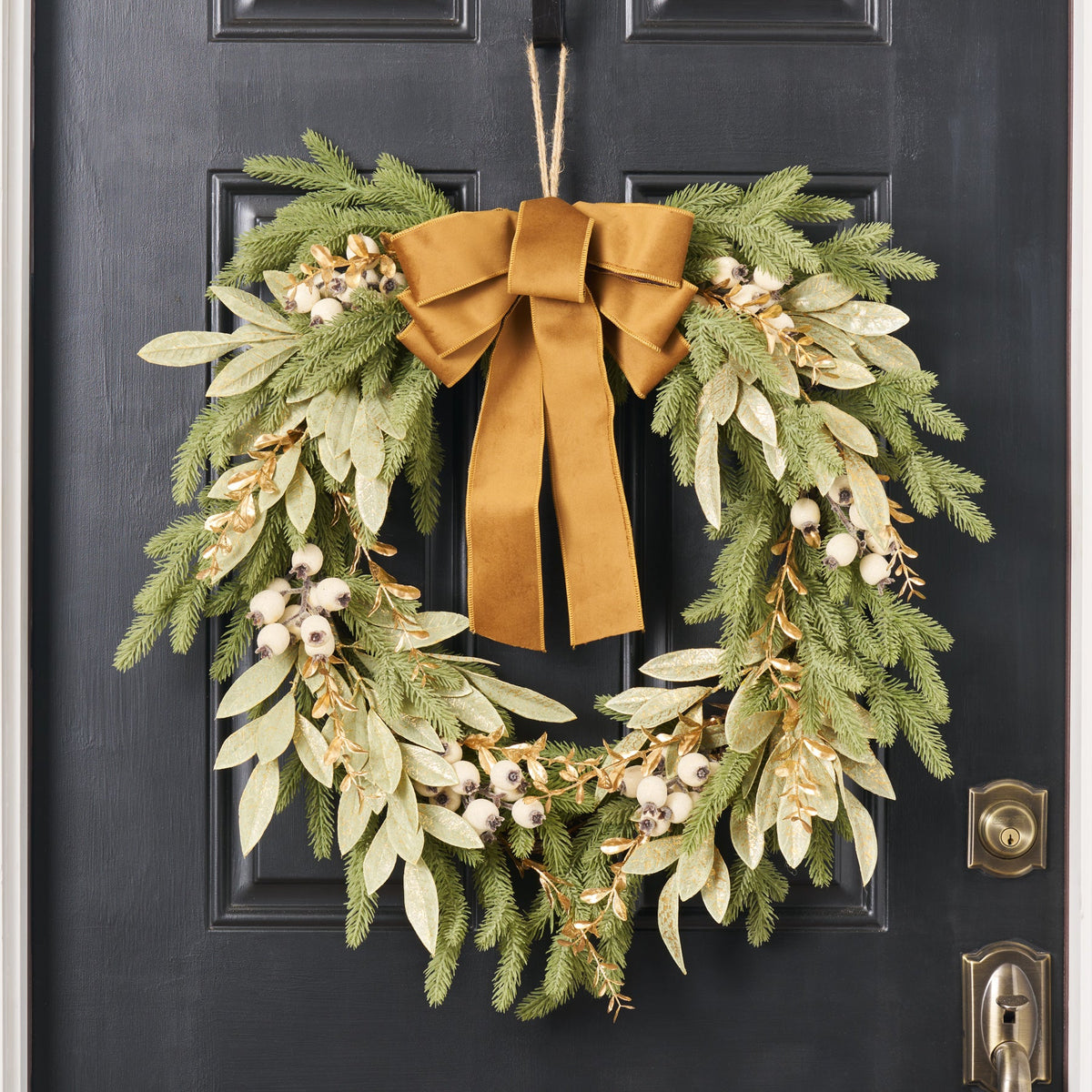 Yulemere Downswept Fir Christmas Wreath with Gilded Iced Eucalyptus detail view 2
