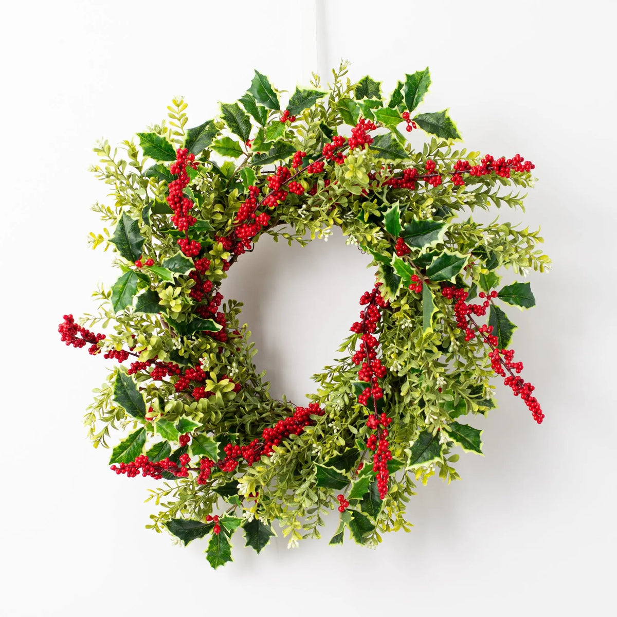 Yulemere holly and red winterberry boxwood Christmas wreath detail view 2