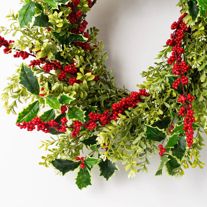 Yulemere holly and red winterberry boxwood Christmas wreath detail view 3